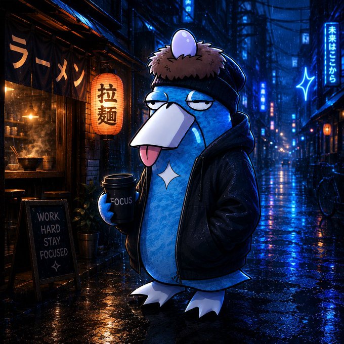 A blue anthropomorphic bird mascot stands in a rainy, neon-lit Japanese street at night, wearing a fur-lined beanie and black hoodie while holding a coffee cup labeled "FOCUS." Beside a ramen shop ("ラーメン" / "拉麵") with a chalkboard reading "WORK HARD STAY FOCUSED," the moody scene captures the early-morning grind energy of a builder ready to tackle the day.

**Connection to the post:** The "Gm" (good morning) greeting and "wonderful Day" message align perfectly with the image's "Work Hard, Stay Focused" mantra—the mascot embodies the disciplined, caffeinated hustle mindset that crypto/tech builders bring to a new trading day.