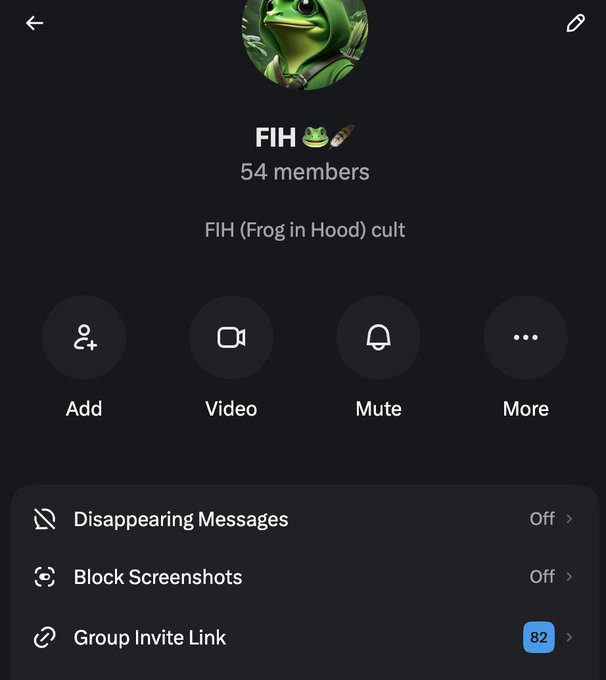 A screenshot of a Signal group chat profile page titled "FIH 🪶" with 54 members, featuring a green frog in a hood as its icon and the description "FIH (Frog in Hood) cult," relating to a post recruiting members for the $FIHX group with settings for Disappearing Messages and Block Screenshots both turned off, and a Group Invite Link showing 82 uses.