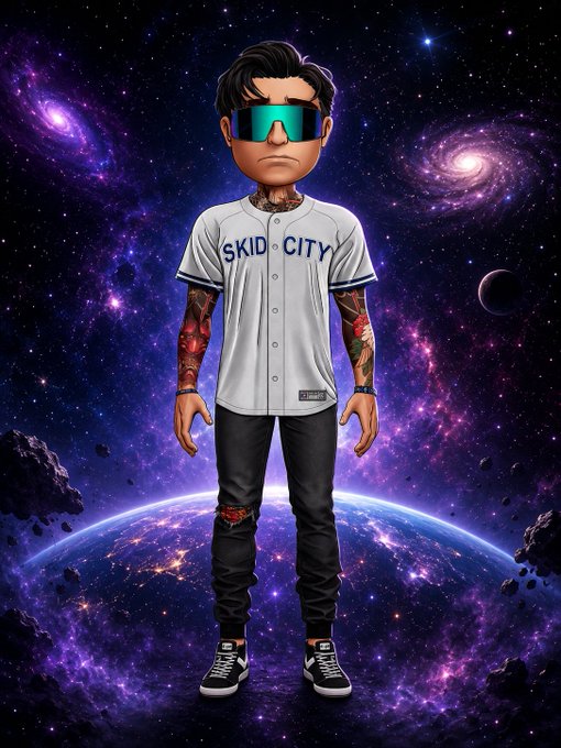 A cartoon-style avatar with tattoos and futuristic blue visor sunglasses stands in a cosmic space scene, wearing a baseball jersey that reads "SKID CITY" against a backdrop of galaxies, planets, and the illuminated curvature of Earth below. The image pairs with the post's announcement of "The People have arrived" on @OthersideMeta, presenting the avatar as a digital traveler embarking on the metaverse journey before signing off for the night.