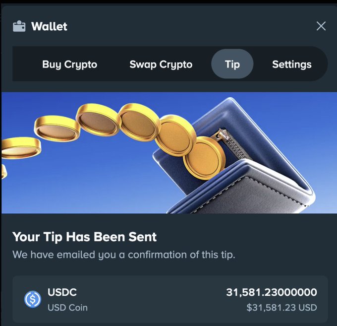 A screenshot of a crypto wallet confirms that a tip of 31,581.23 USDC ($31,581.23 USD) has been sent, illustrating the post's claim that a single player received $31,581 from their weekly bonus. The image shows the wallet's "Tip" tab with the message "Your Tip Has Been Sent" displayed prominently.