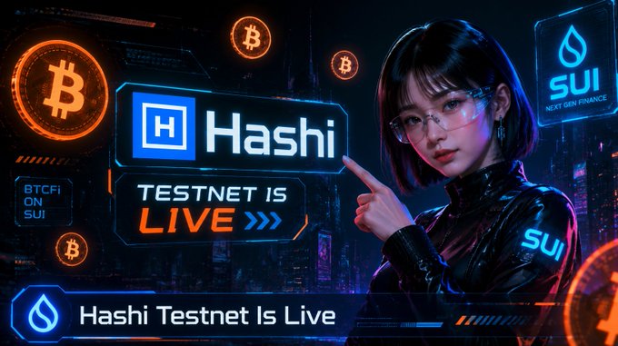 The image is a promotional graphic featuring a woman in a futuristic black outfit pointing toward neon-style text panels that read "Hashi TESTNET IS LIVE" and "Hashi Testnet Is Live," surrounded by floating Bitcoin and Sui logos, along with a "BTCFi on SUI" label. It visually announces the launch of Hashi's testnet on the Sui blockchain, aligning with the post's highlight of Hashi being a noteworthy project in the Sui ecosystem whose testnet has just gone live.