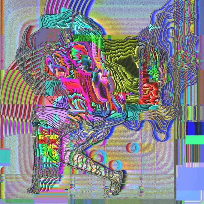 A highly distorted, glitch-art style image of a seated figure with multicolored chromatic aberration effects, warped lines, and pixelated artifacts overlaying the entire composition.