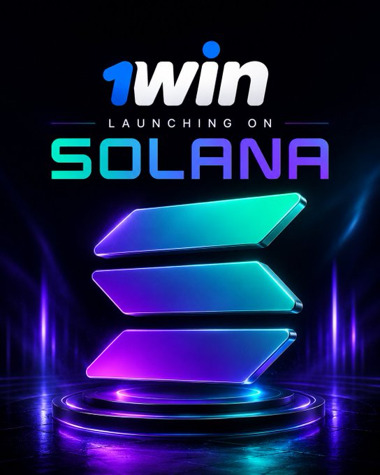 A promotional graphic with neon text reading '1win LAUNCHING ON SOLANA,' featuring glowing, layered 3D bars above a circular platform.