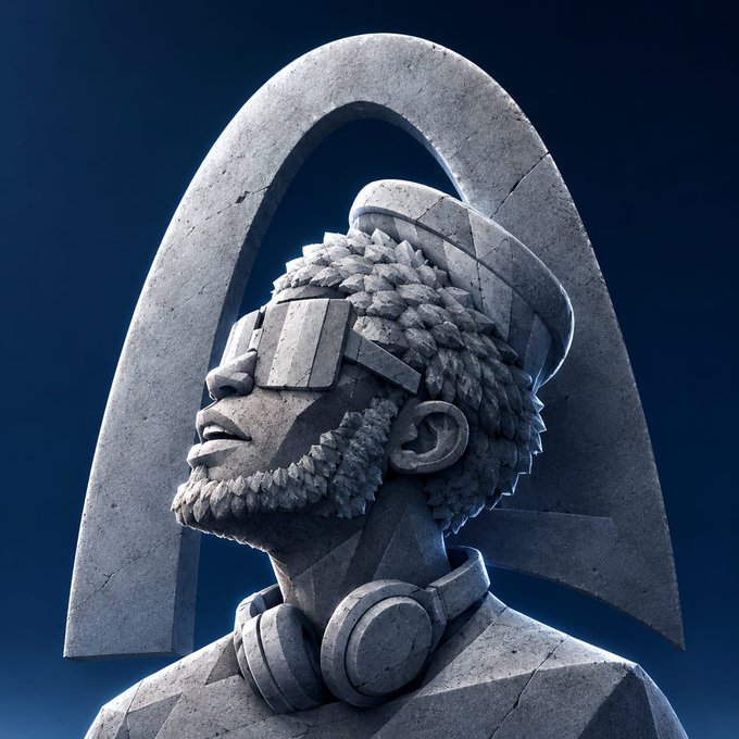 A 3D-rendered stone sculpture of a bearded man with an eyepiece, wearing futuristic headphones, set against a dark blue background with a large stone arch behind him.