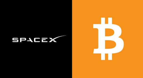 The image features two logos, one black with "SpaceX" written above it and an orange logo with the letter "B" printed below it. The text "Spacesx holding $BTC is a huge nod for the asset class. They bought in around 35k average so they are well in the green." is also present on the image. The logos appear to be related, possibly indicating that the SpaceX company has invested in Bitcoin or is associated with its value.