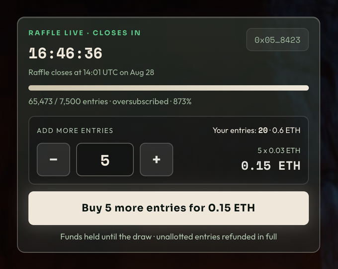 A raffle interface showing 'RAFFLE LIVE · CLOSES IN 16:46:36' with 65,473/7,500 entries (873% oversubscribed), offering to buy 5 more entries for 0.15 ETH.