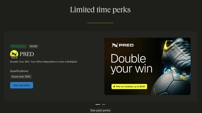 A dark-themed promotional page titled 'Limited time perks' showing a 'PRED' qualification (1236) with '3d left', describing 'Double Your Win' benefit with a soccer cleat image and a 'See benefits' button.
