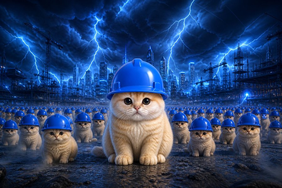 A determined cat wearing a blue construction helmet leads an army of similarly-helmeted kittens against a stormy, lightning-filled cityscape, symbolizing the explosive growth of meme cat tokens like $CASHCAT, $CATE, and $BASECAT across major blockchains.