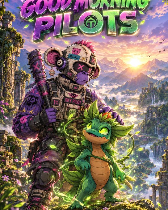 A vibrant poster titled 'GOOD MORNING PILOTS' featuring a warrior character in military gear with a green dragon-like creature against a mountainous sunset backdrop.