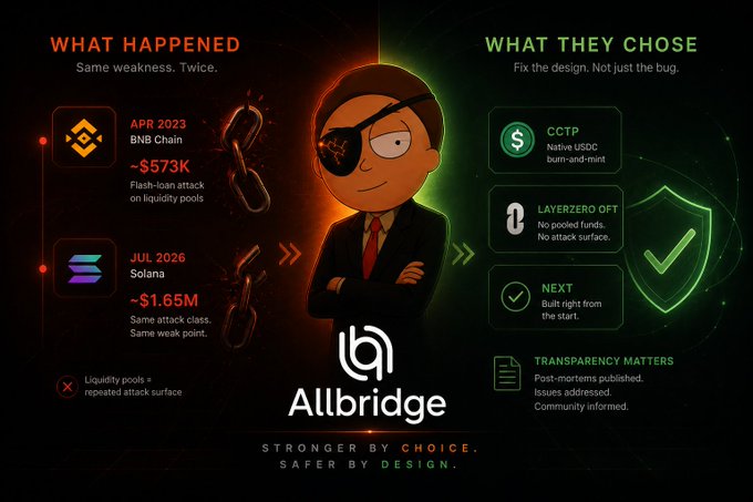 The image is a promotional graphic for Allbridge, highlighting two security exploits—April 2023 on BNB Chain (~$573K) and July 2026 on Solana (~$1.65M)—both flash-loan attacks on liquidity pools, while promoting their redesigned security features including native USDC burn-and-mint (CCTP), LayerZero OFT, and a "Next" built-right-from-the-start approach. The accompanying post discusses how Allbridge's repeated vulnerability to flash loan attacks on liquidity pools suggests a recurring design weakness rather than isolated incidents.