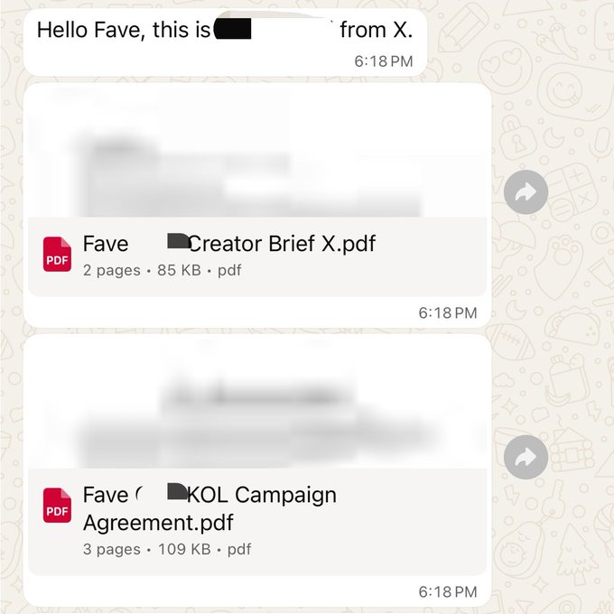 A WhatsApp conversation screenshot showing messages addressed to "Fave" that include two PDF attachments: a "Creator Brief X.pdf" (2 pages, 85 KB) and a "KOL Campaign Agreement.pdf" (3 pages, 109 KB), both sent at 6:18 PM. The image illustrates the user's point about receiving work opportunities directly via messaging apps, suggesting that a small fraction of web3 professionals land gigs this way.