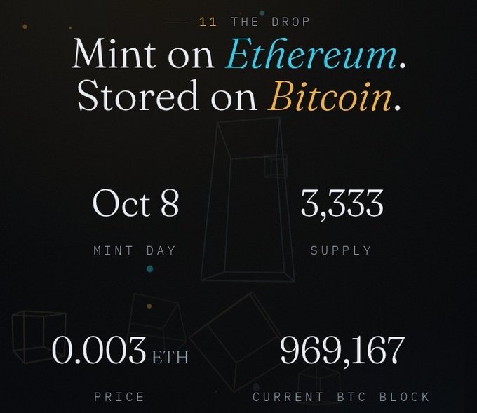 A promotional graphic for '11 THE DROP' advertising a crypto mint on Ethereum stored on Bitcoin, with details: Oct 8 Mint Day, 3,333 Supply, 0.003 ETH Price, and Current BTC Block 969,167.