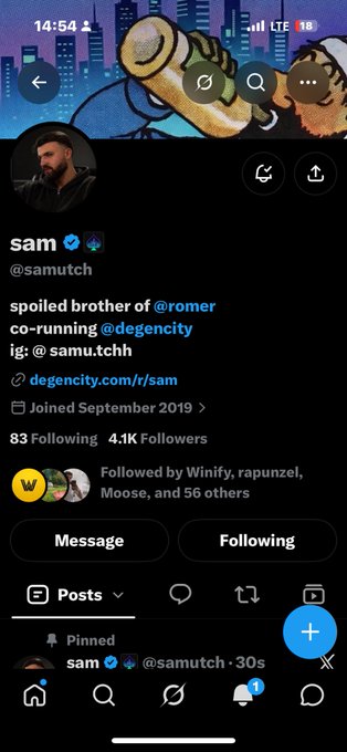 A Twitter/X profile screenshot of user 'sam' (@samutch), described as 'spoiled brother of @romer' and 'co-running @degencity,' showing 4.1K followers and a custom illustrated banner.