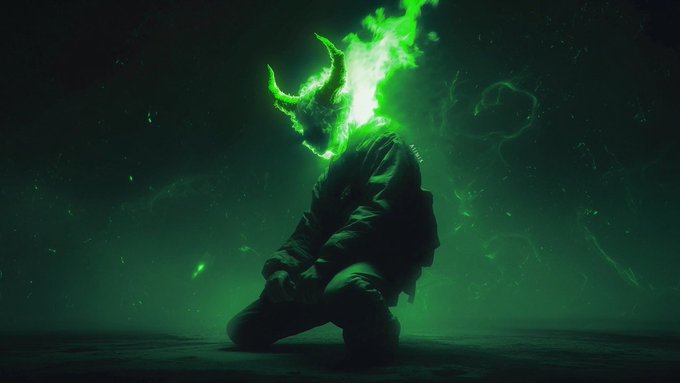 A dark fantasy illustration of a hooded figure kneeling, their head engulfed in bright green flames resembling a demonic skull with horns, surrounded by an eerie green glow.