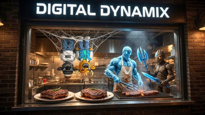 A storefront sign reading "DIGITAL DYNAMIX" above a kitchen scene where blue, icy humanoid figures and a tree-like character are grilling steaks alongside cartoon sushi characters hanging in a net.