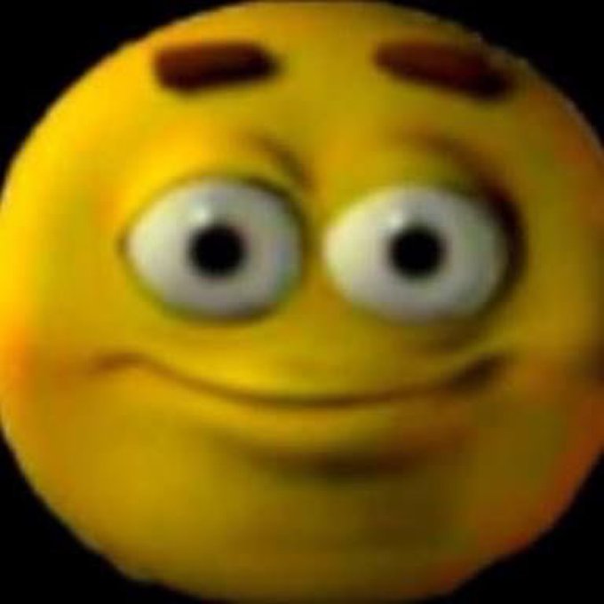 A distorted yellow smiley face emoji with raised eyebrows and an awkward, sideways grin against a black background.