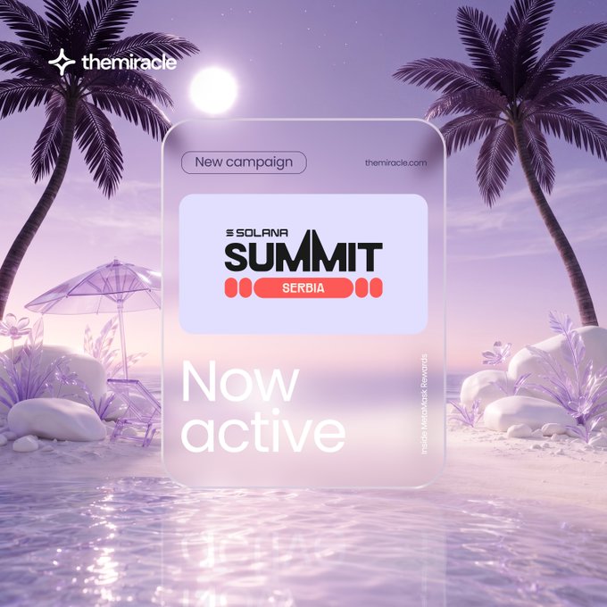 A promotional graphic for 'SOLANA SUMMIT SERBIA' by 'themiracle' featuring the text 'New campaign' and 'Now active' against a purple beach background.