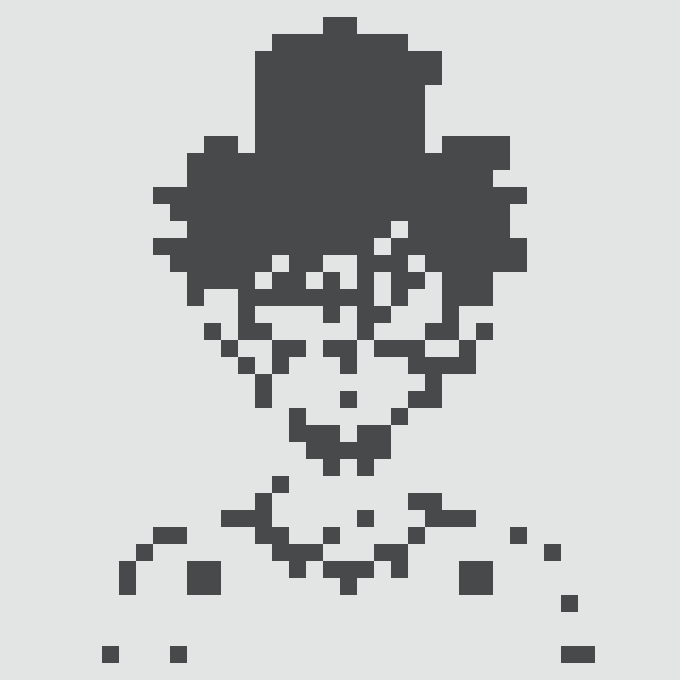 A dark navy blue pixel art illustration of a ghostly or hooded figure that appears to be dissolving into pixelated fragments at the bottom against a white background.