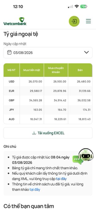 The image shows a screenshot of the Vietcombank foreign exchange rates page dated 03/08/2026, listing the USD buying rate at 26,070.00 (cash) and 26,100.00 (transfer), and selling rate at 26,480.00. This data supports the post's concern about the USD/VND exchange rate, showing that the bank rate is lower than the P2P peak of 27k mentioned in the post.