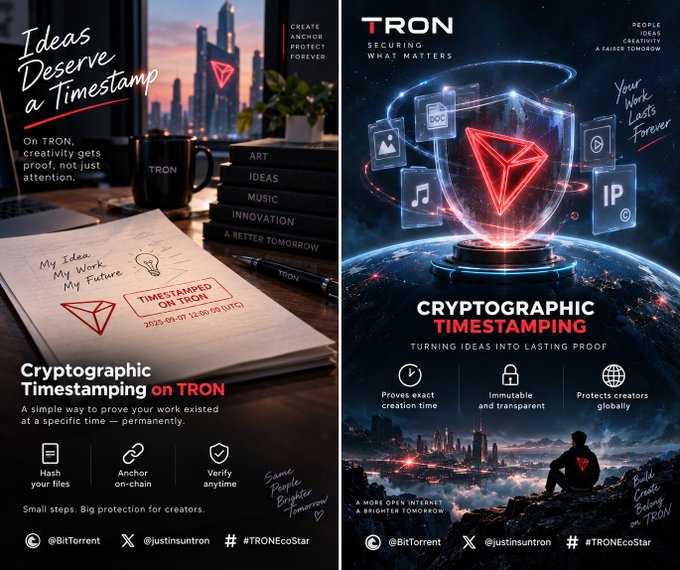 Two promotional graphics for TRON advertise 'Cryptographic Timestamping on TRON' with the tagline 'Ideas Deserve a Timestamp,' featuring the TRON logo and benefits like 'Proves exact creation time,' 'Immutable and transparent,' and 'Protects creators globally.'