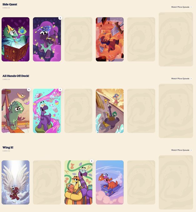A webpage interface displaying collectible digital card sets titled 'Side Quest', 'All Hands Off Deck!', and 'Wing It!', each featuring various cartoon dinosaur illustrations in their revealed slots.