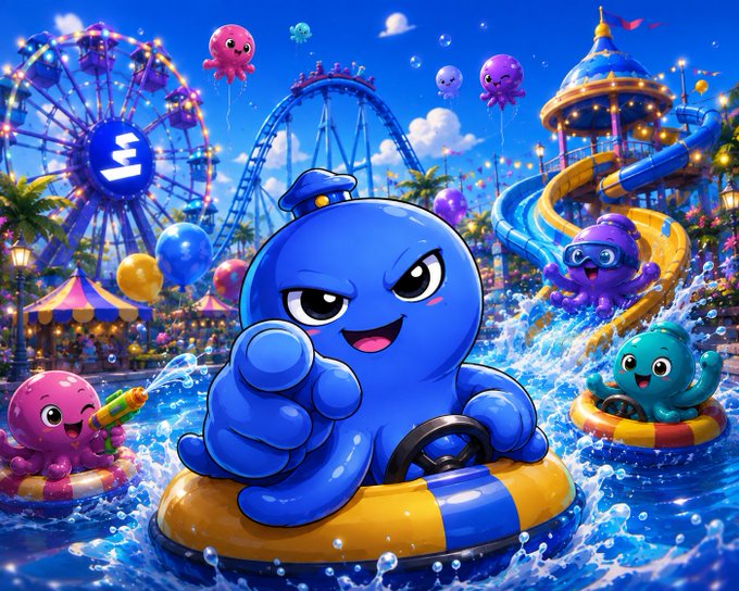 A colorful AI-generated illustration of a blue octopus character driving a boat at an amusement park, surrounded by pink octopuses and water slides.