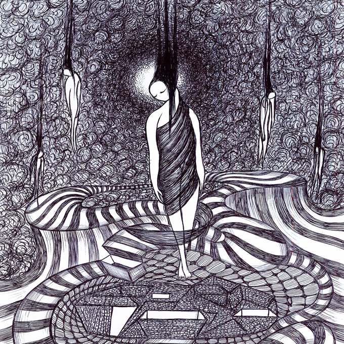 A detailed black-and-white pen illustration depicts a slender figure with long dark hair standing barefoot in a flowing, surreal landscape of striped, winding terrain, surrounded by intricate, curly textures.