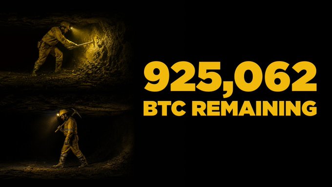 The image features two miners working in dark caves on the left, alongside bold yellow text reading "925,062 BTC REMAINING," visually reinforcing the post's message that Bitcoin's supply is nearly fully mined, with only a small fraction of coins left to be extracted.
