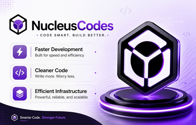 A promotional graphic for "NucleusCodes" with the tagline "Code Smart. Build Better," highlighting features like Faster Development, Cleaner Code, and Efficient Infrastructure, alongside a 3D hexagonal logo.