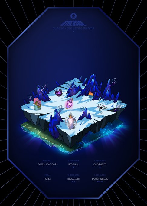 A promotional graphic for the Otherside Bionic Genesis Summit showcases an icy floating island landscape with crystalline blue mountains and several character figures, displayed within an octagonal frame on a dark blue background. Below the scene, rare resource names like "Kinsoul" and "Degradia" are credited to specific artists such as "Pairy in a Jar," "Moldyum," and "Psychosluk," aligning with the post announcing the sale of Degradia, a rare resource with only 317 supply.