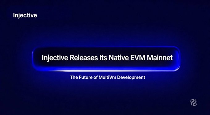 The image shows a blue banner with white text that reads "Injective releases its Native EVM mainnet" against a dark background, suggesting an update or release of the injective platform. The image also includes a small logo for Multivault in the bottom right corner and a caption about the future of multivault development.