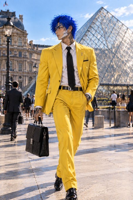 Tall man with bright blue hair and facial tattoos walking in a yellow suit, carrying a briefcase, with the Louvre Pyramid in Paris behind him.