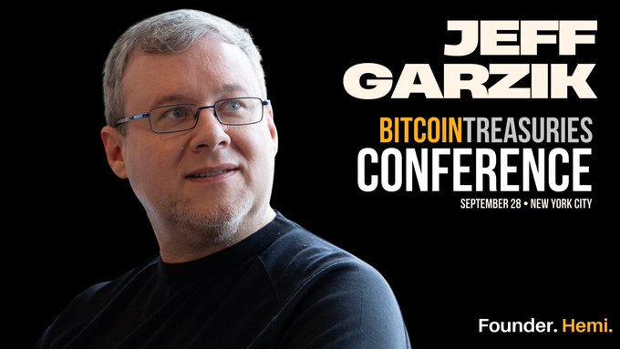 A promotional graphic for the Bitcoin Treasuries Conference featuring a portrait of Jeff Garzik, identified as 'Founder. Hemi.', scheduled for September 28 in New York City.