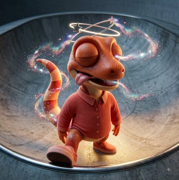 A 3D-rendered illustration of a dazed-looking orange gecko or lizard character wearing a red shirt and tie, sitting inside a metallic bowl with glowing, colorful energy swirling around its head.