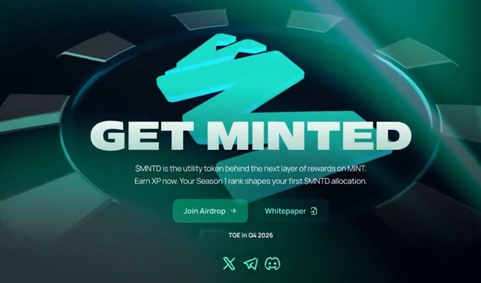 A promotional graphic reading "GET MINTED" for the $MNTD utility token airdrop, with a TGE date listed as Q4 2026 and buttons for "Join Airdrop" and "Whitepaper."