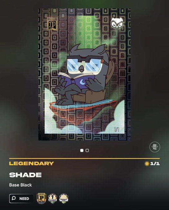 A digital collectible card featuring a legendary character called 'SHADE' (Base Black), depicted as an owl-like creature reading a book on a floating platform, with a 1/1 edition marker.