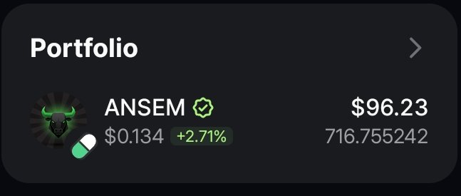 A dark-themed portfolio widget displays an ANSEM token holding of $96.23 (716.755242 tokens) with a recent price of $0.134 and a +2.71% gain, illustrating one of the giveaway recipient's crypto wallets showing the airdropped $ANSEM tokens.