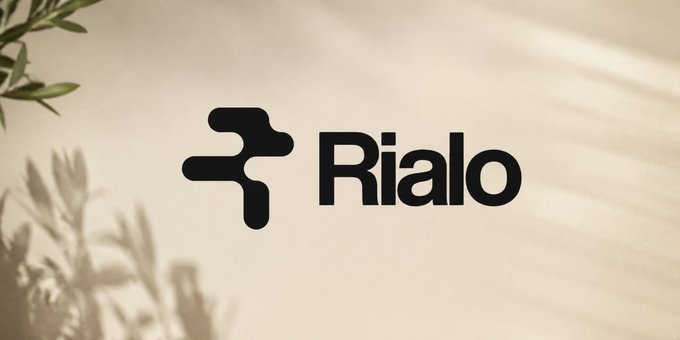 Rialo logo displayed in black on a cream background with plant shadows.