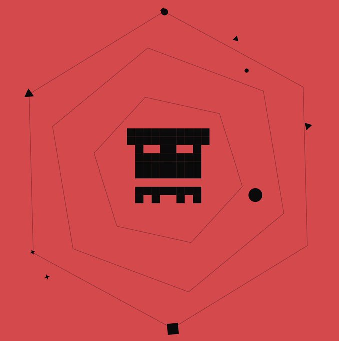 A pixel-art style black icon resembling a stylized face or robot with glowing red eyes is centered on a coral-red background featuring concentric hexagonal outlines and small decorative shapes (circles, triangles, stars). The image visually represents the Robinhood Chain FWA (Featured Web Artifact) NFT, aligning with the post's reference to NFTs on Robinhood Chain.