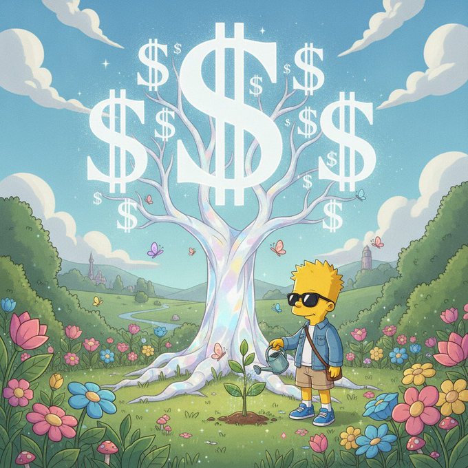 Stylized illustration of a spiky-haired cartoon character (resembling Bart Simpson) wearing sunglasses and a denim jacket, watering a small sprout beneath a large glowing tree whose branches are formed from dollar sign symbols, surrounded by colorful flowers and butterflies.