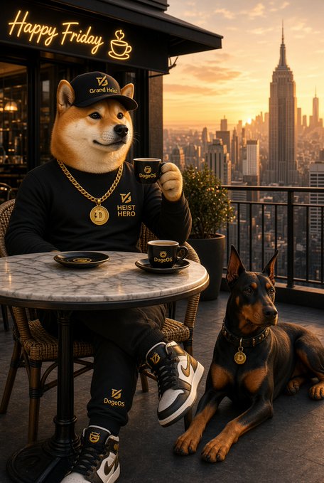 An anthropomorphic Shiba Inu dog wearing a black cap, gold chain, and tracksuit sits at a cafe table with a Doberman, with a neon "Happy Friday" sign and a city skyline in the background.
