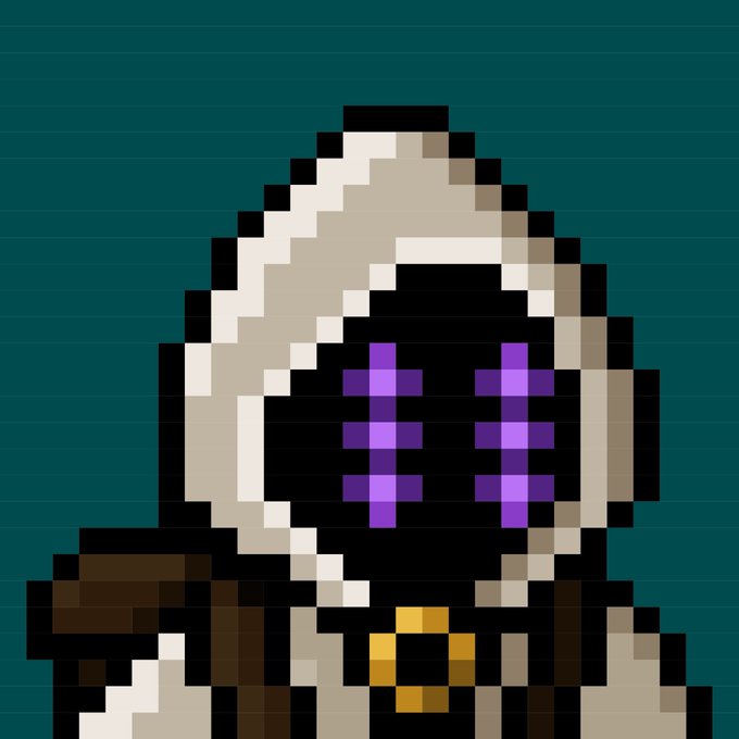 A pixel art illustration of a mysterious hooded figure with glowing purple eyes and a golden emblem, evoking the enigmatic and mystical vibe of the "Mancer" community being hyped in the post. The hooded aesthetic mirrors the cryptic, member-only "Gmancers" identity referenced by @MichaelHirsch and @MancerXYZ.