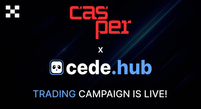 The image is a promotional graphic featuring the red "CasPer" logo and the "cede.hub" logo (with a panda icon) on a dark background with a window/checkered pattern in the corner, separated by an "x" to indicate their partnership. The bottom text in blue reads "TRADING CAMPAIGN IS LIVE!", which directly promotes the trading campaign mentioned in the post, directing viewers to app.cedehub.io/casper-okx-tte to participate.