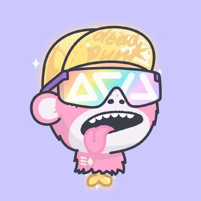 A cartoon illustration of a pink monkey character wearing a yellow graffiti-style cap and rainbow-tinted sunglasses featuring the 'AXL' logo, set against a light purple background.
