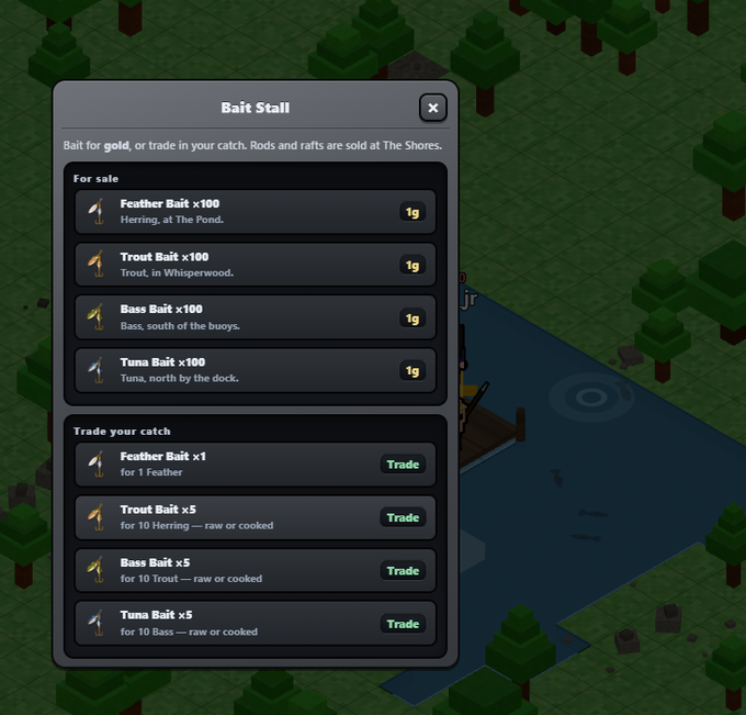 A "Bait Stall" interface displays fishing bait options for purchase and trade, including Feather Bait, Trout Bait, Bass Bait, and Tuna Bait priced at 1g each or exchangeable for fish like herring, trout, and bass, aligning with the post about $KINS's new fishing update.