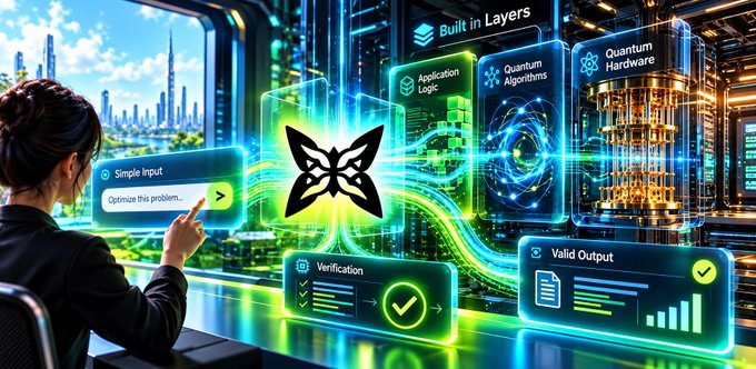 A futuristic illustration titled 'Built in Layers' showing a woman interacting with a holographic quantum computing interface featuring a butterfly logo, with labeled panels for 'Simple Input', 'Application Logic', 'Quantum Algorithms', 'Quantum Hardware', 'Verification', and 'Valid Output'.