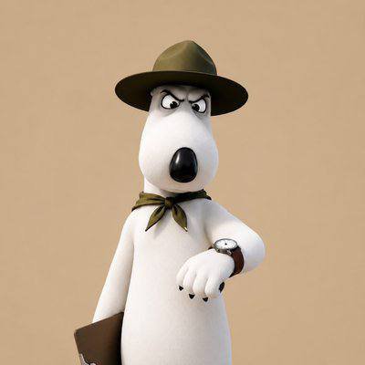 A 3D-rendered white cartoon dog character wears a brown fedora hat and a green neckerchief, checking a wristwatch with a serious expression.
