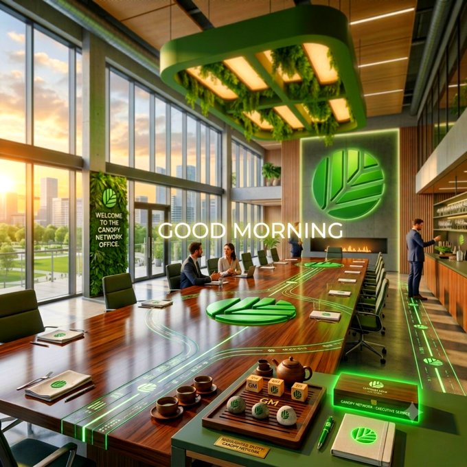 A stylized 'GOOD MORNING' image of the 'CANOPY NETWORK OFFICE' featuring a modern conference table with green lighting accents and city views.
