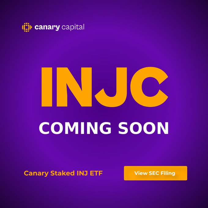 A purple advertisement announcing 'INJC COMING SOON' for the 'Canary Staked INJ ETF' by Canary Capital, featuring a 'View SEC Filing' button.