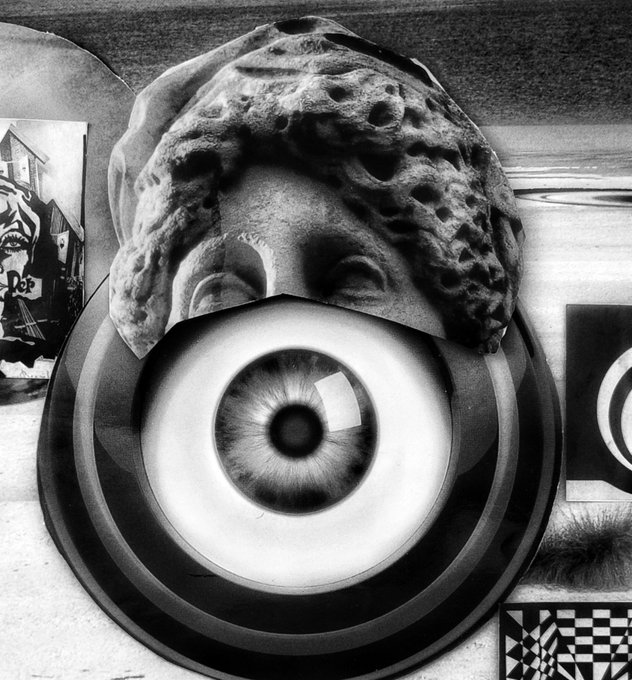 A surreal black and white collage features a large, detailed eyeball in the center, overlaid with a torn image of a classical statue's face and curly hair, surrounded by other abstract and photographic fragments.